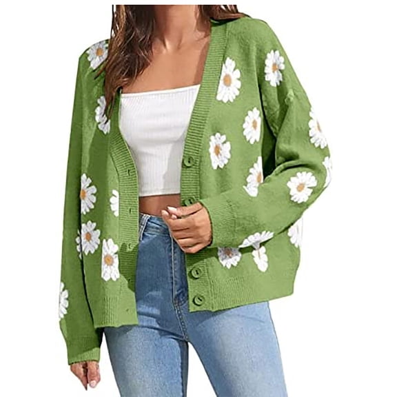 Auburet Women's Floral Print Cardigan Long Sleeve Open Front Button Down V-Neck Knitted Sweaters
