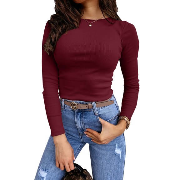 Auburet Women's Long Sleeve Stretch Slim Fitted Ribbed T-Shirt Blouse Cut Out Tops