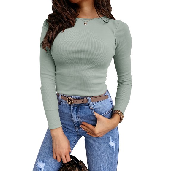 Auburet Women's Long Sleeve Stretch Slim Fitted Ribbed T-Shirt Blouse Cut Out Tops