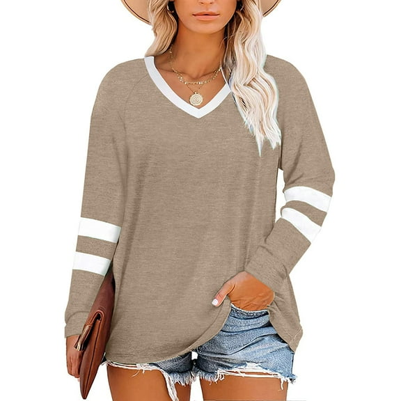 Auburet Women's Plus Size Tops Striped Long Sleeve Color Block Casual Tunics T-Shirt