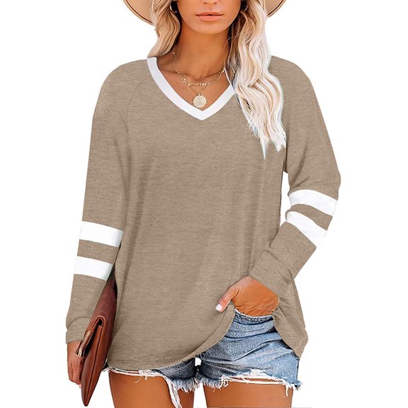 Auburet Women's Plus Size Tops Striped Long Sleeve Color Block Casual Tunics T-Shirt