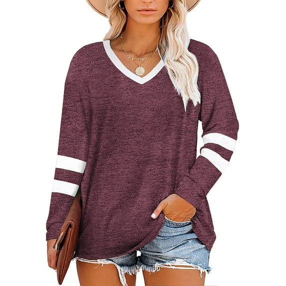Auburet Women's Plus Size Tops Striped Long Sleeve Color Block Casual Tunics T-Shirt