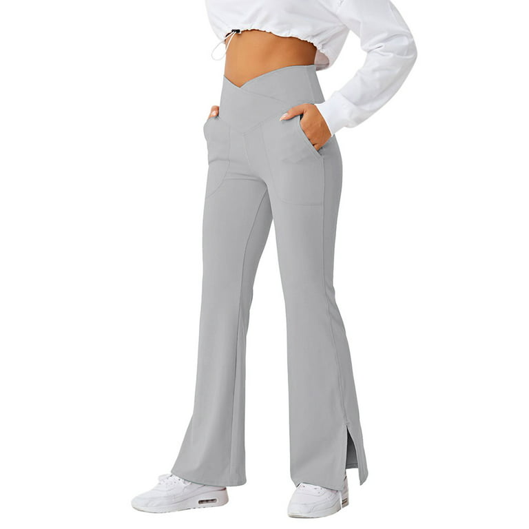 Auburet Women's Yoga Pants Work Pants Crossover Split Hem Full Length Flare  Leggings with Pocket