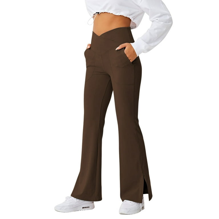Auburet Women's Yoga Pants Work Pants Crossover Split Hem Full Length Flare  Leggings with Pocket 