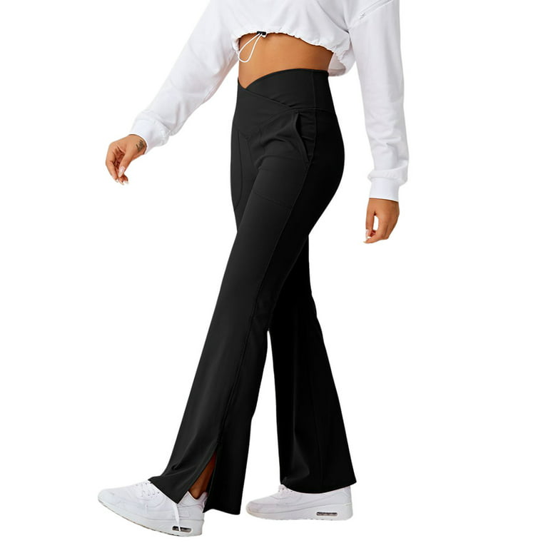  Women's Split Hem Leggings, Flared Leg Long Yoga Pants, Elastic  High-Waist Skinny Pants Black : Clothing, Shoes & Jewelry