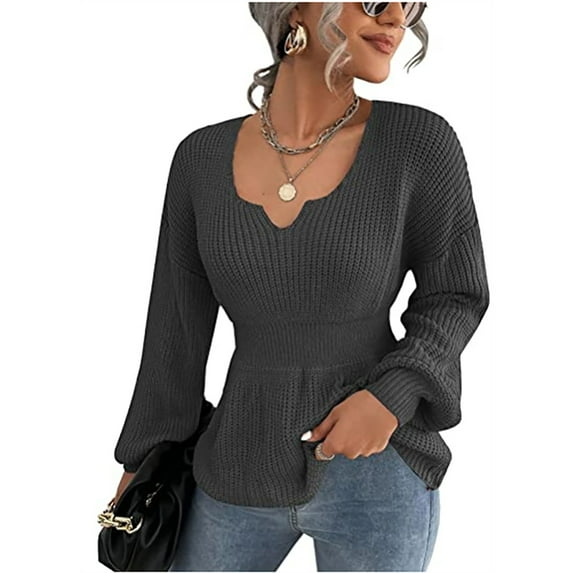 Auburet Womens Long Sleeve Knit Sweater V-Neck Drop Shoulder Babydoll Sweater