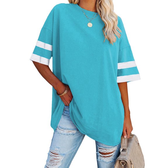 Auburet Womens Oversized Tees Loose T-Shirts Half Sleeve Crew Neck Color Block Cotton Tunic Tops