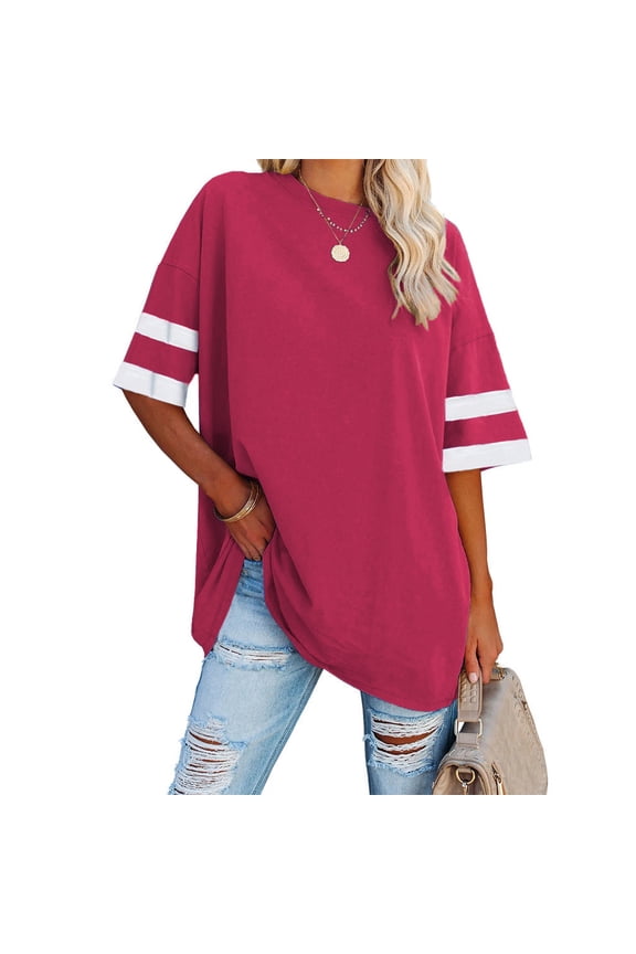Womens Oversized Tees Loose T-Shirts Half Sleeve Crew Neck Color Block Cotton Tunic Tops