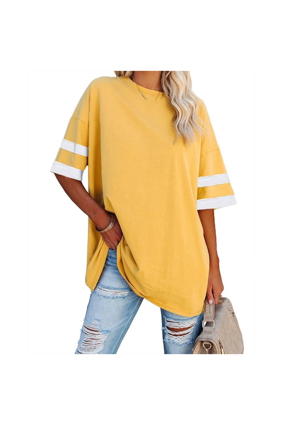 Womens Oversized Tees Loose T-Shirts Half Sleeve Crew Neck Color Block Cotton Tunic Tops