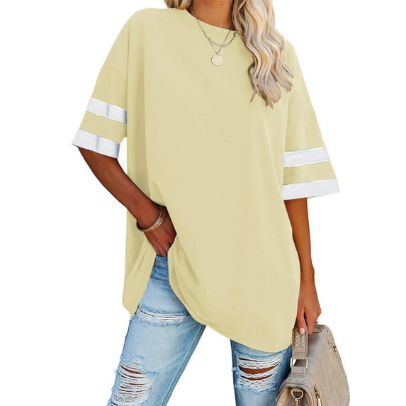 Auburet Womens Oversized Tees Loose T-Shirts Half Sleeve Crew Neck Color Block Cotton Tunic Tops