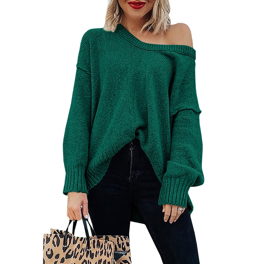 Auburet Womens Tunic Sweater VNeck Off Shoulder Oversized Sweaters Loose Knit Long Sleeve