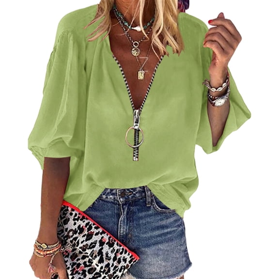 Auburet Womens V-Neck Lantern Sleeve Blouse Zipper Design Loose Casual Top Shirts