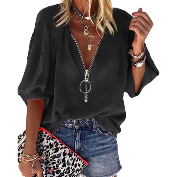 Auburet Womens V-Neck Lantern Sleeve Blouse Zipper Design Loose Casual Top Shirts
