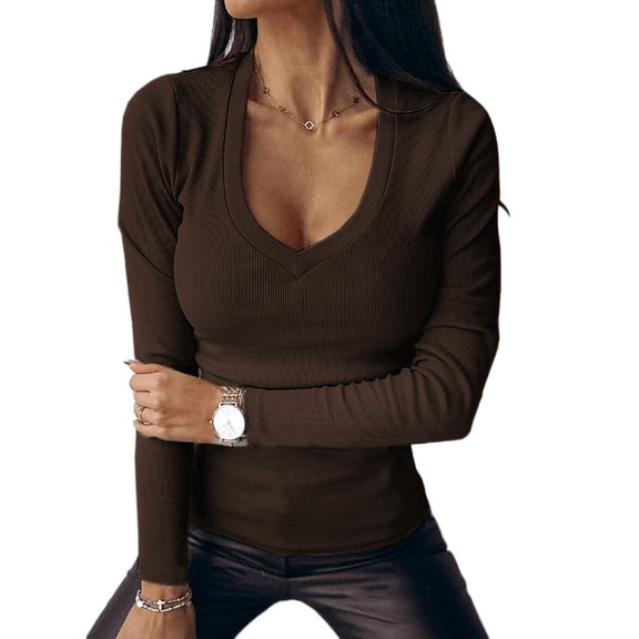Auburet Womens pullover V-Neck Ribbed Slim Fit Thin Sweater Long Sleeve Shirt Basic Tunic Tops