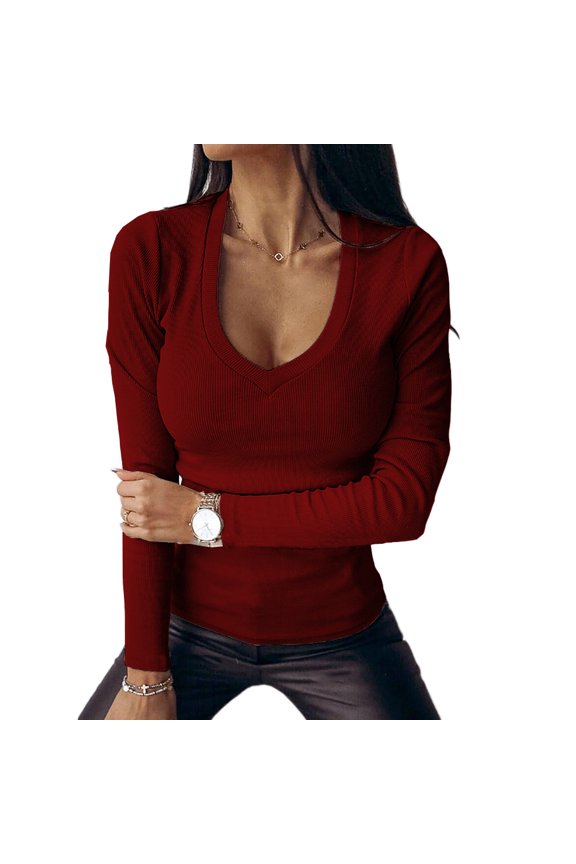Auburet Womens pullover V-Neck Ribbed Slim Fit Thin Sweater Long Sleeve Shirt Basic Tunic Tops