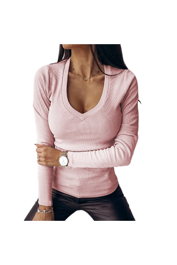 Auburet Womens pullover V-Neck Ribbed Slim Fit Thin Sweater Long Sleeve Shirt Basic Tunic Tops