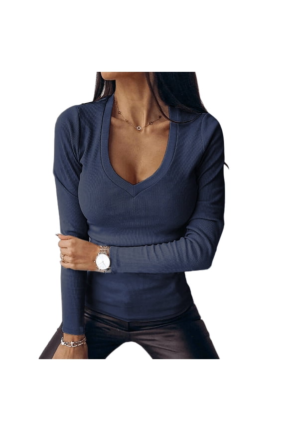 Auburet Womens pullover V-Neck Ribbed Slim Fit Thin Sweater Long Sleeve Shirt Basic Tunic Tops