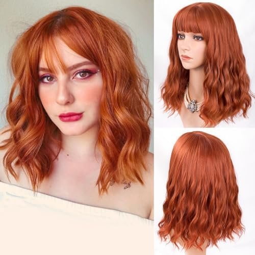 Auburn Bob Wig with Bangs Short Wavy Copper Red Wigs for Women Length Burnt Orange Curly Bob Wigs Heat Resistant Synthetic Wigs for Halloween Daily Party Use 14 Inch