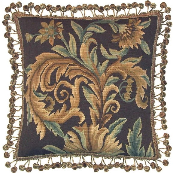 Aubusson Throw Pillow 20"x20" Handwoven Wool, Sunflower Green Flourishes