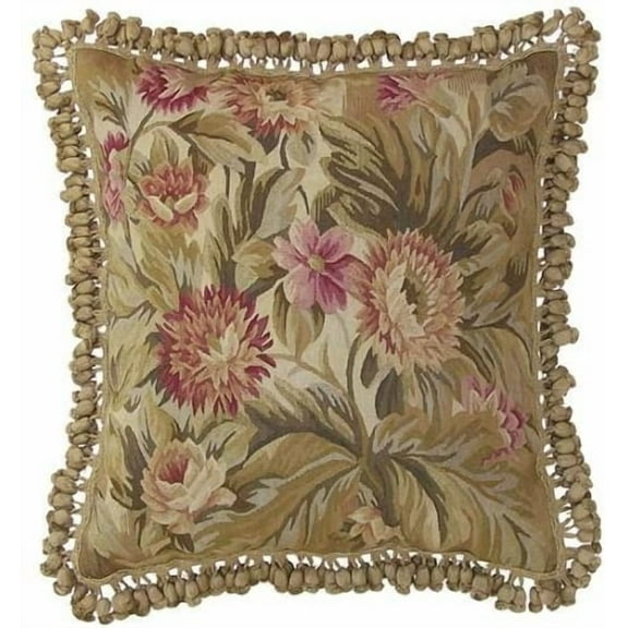 Aubusson Throw Pillow 22"x22", Pink Flowers Green Leaves Handwoven Wool