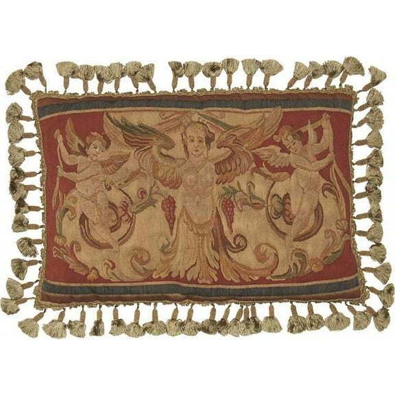 Aubusson Throw Pillow Handwoven 16"x24" Three Angels Red Wool/Velvet, Tassel