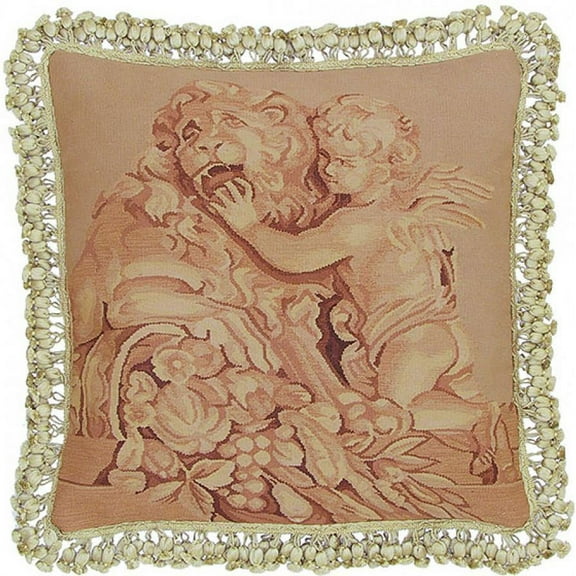 Aubusson Throw Pillow Square 20"x20", Pink/Beige Cupid Lion Handwoven Fabric