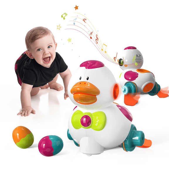 Auby Dancing Duck Toy for toddlers 2-3, Voice Controlled Musical Toys with Light, 3 Mode Moving Duck Toys with 2 Eggs, Easter Christmas Gift Toys for Crawling Babies, Crawling Duck Lay Eggs Toys