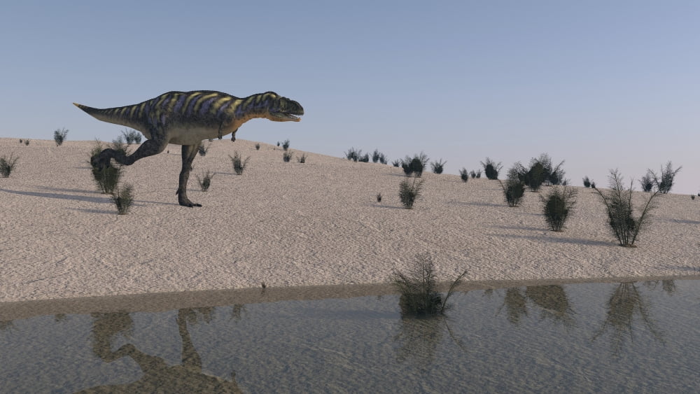 Aucasaurus running along the shore Canvas Art - Kostyantyn IvanyshenStocktrek Images (38 x 22)