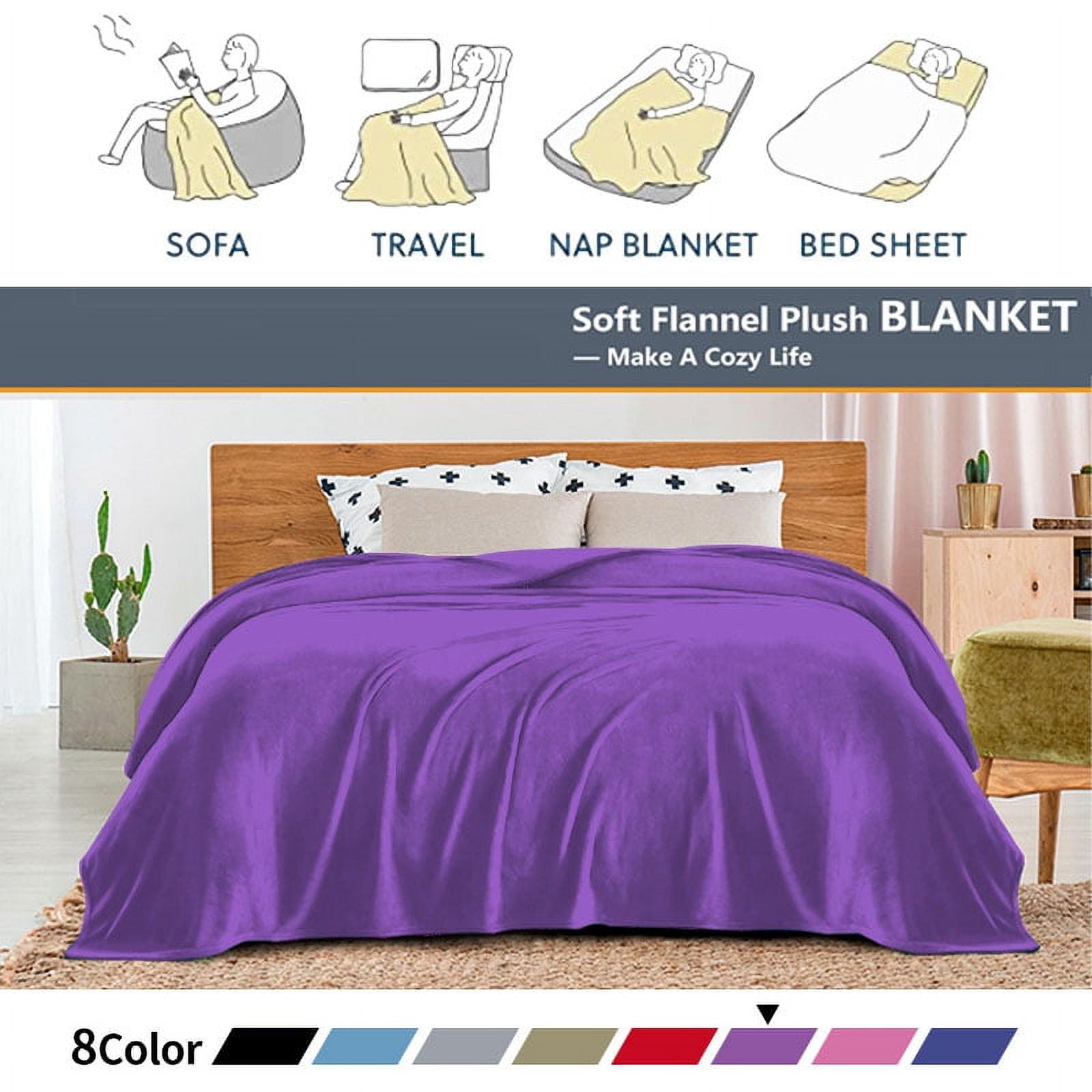 Auchen Purple Microfiber Plush Reversible Bed Blanket, King