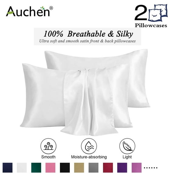Auchen Satin Pillow Case, 2 Pack Satin Queen Silky Pillowcase for Hair and Skin, Satin Pillowcase Set of 2-Standard Size (20"x26")White