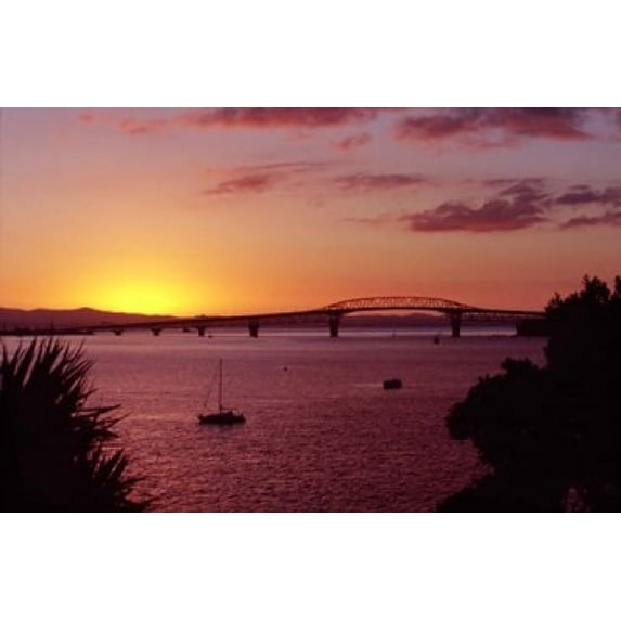 Auckland Harbour Bridge and Waitemata Harbour at Dusk, New Zealand Poster Print by David Wall (28 x 18)