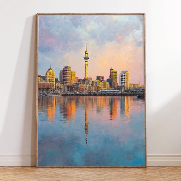 Auckland New Zealand Sky Tower Coastal City Skyline Art, Unframed Canvas Size 12x18