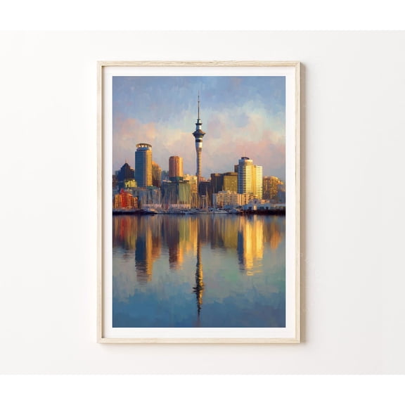 Auckland New Zealand Sky Tower Harbor Skyline Wall Art Decor, Unframed Canvas 8x10in