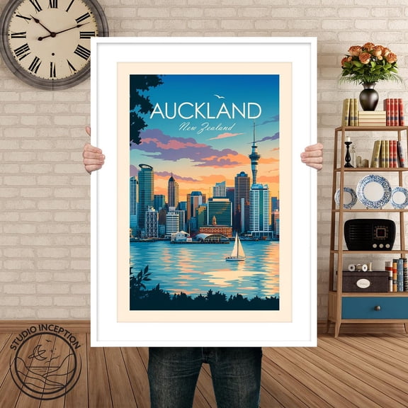 Auckland New Zealand Skyline Art Print Travel Poster Wall Art .