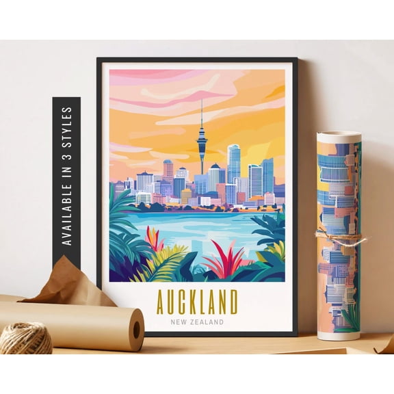 Auckland New Zealand Travel Poster Retro Destination Art Poster North Island New Zealand Poster Art Poster Travel Art Decor Home Decor, 8x12 UNFRAMED