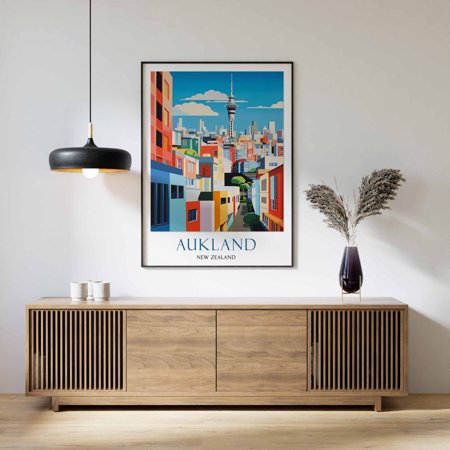 Auckland New Zealand Travel Poster With Skyline And Harbor City View