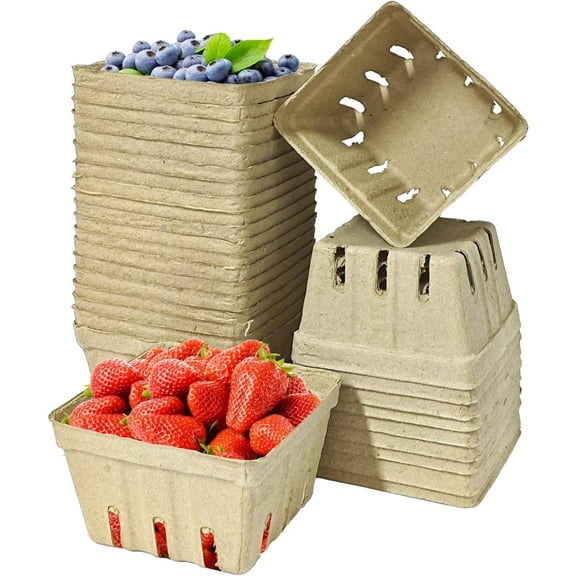 Auckpure 30pcs Natural Pulp Fiber Berry Basket,Small Molded Produce Vented Basket Kitchen Supplies For Strawberry Blueberry Raspberry, Fruit Tray For Fruit Vegetable Farmer Market Grocery (Small)