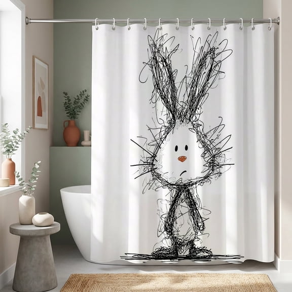 Auckpure Cute Bunny Sketch Shower Curtain 72x72 Inch, Hand Drawn Rabbit Cartoon Bathroom Curtain with 12 Hooks