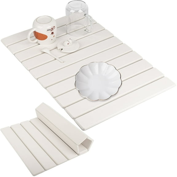 Auckpure Dish Drying Mat for Kitchen Counter, 24"(L)×16"(W), Collapsible Quick Drying Dish Mats, Ultra Absorbent Diatomaceous Earth Mats for Dishes Bottles Cups, Match Any Countertop White