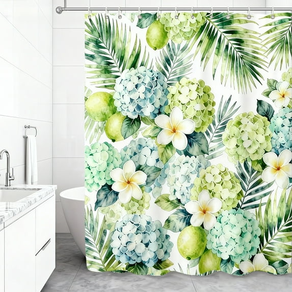 Auckpure Tropical Hydrangea and Plumeria Shower Curtain 72x72 inch, Green & Blue Watercolor Floral Bathroom Decor with 12 Hooks
