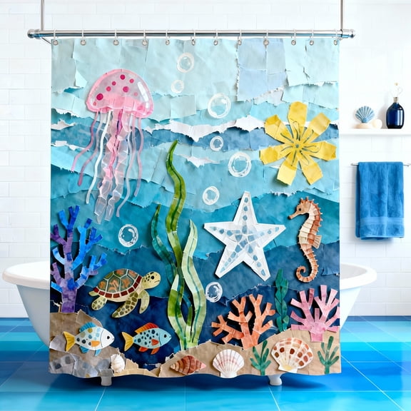 Auckpure Underwater World Collage Art Print, Colorful Ocean Animals Wall Decor with Jellyfish, Seahorse, Starfish & Coral for Kids Room and Nursery Fabric Bathroom Curtain 72 x 72 Inch with 12 Hooks