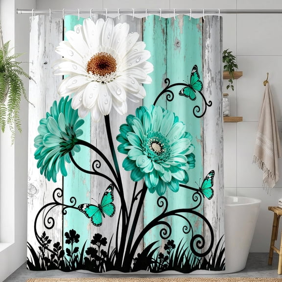 Auckpure Vintage Teal Wood Daisy & Butterfly Shower Curtain 72x72 inch, Rustic Floral Bathroom Decor with 12 Hooks