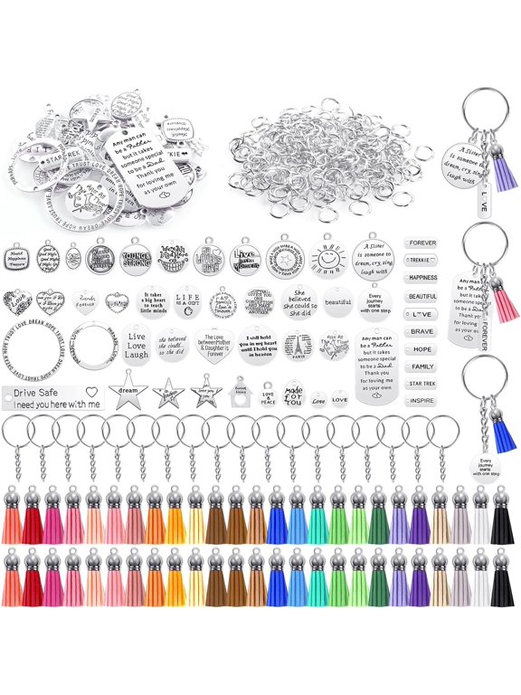 Audab 350Pcs Motivational Keychain Accessories Set with 50 Engraved Inspirational Words Charms, 50 Leather Keychain Tassels, 50 Keyring with Chain, 200 Open Jump Rings for DIY Crafting
