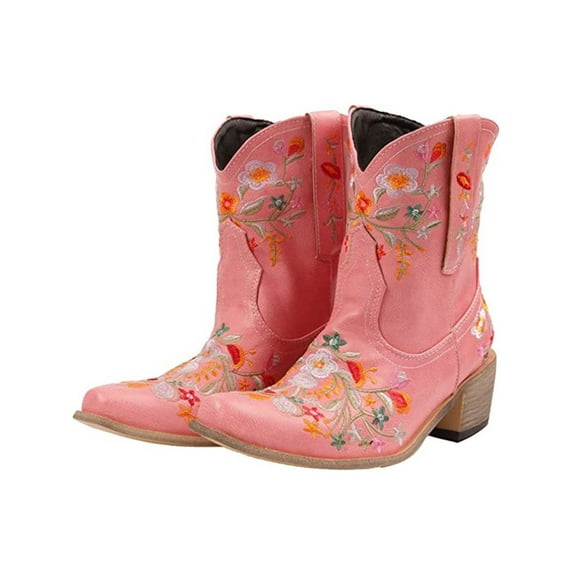 Audeban Women's Embroidery Mid-calf Riding Boots Low Heel Western Booties Pull on Shoes