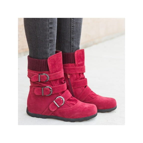 Audeban Women's Winter Booties Warm Buckle Zipper Boots Outdoor Winter Warm Mid Calf Boot