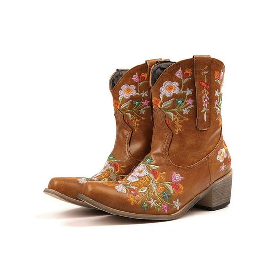 Audeban Womens Retro Embroidery Round Toe Boots Ankle Low Heel Riding Boots Pull on Shoes Size 4-12