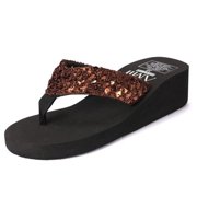 Audeban Womens Wedge Flip Flops Glitter Bling Comfort Thong Style Summer Platform Sandals Brown 6.5