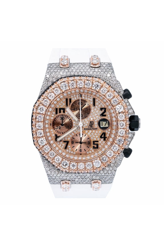 Pre-Owned Audemars Piguet Royal Oak Offshore Chronograph 42MM 25940SK Diamond Paved Arabic Dial Custom Aftermarket White Rubber Band