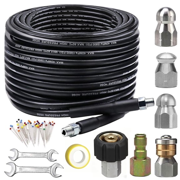 Audessy 100FT Sewer Jetter Kit for Pressure Washer, 5800PSI Drain Cleaner Hose 1/4 Inch NPT Corner, Rotating and Button Hose Sewer Jetting Nozzle Pearl Corsage Pin Waterproof Tape with 2 Spanner