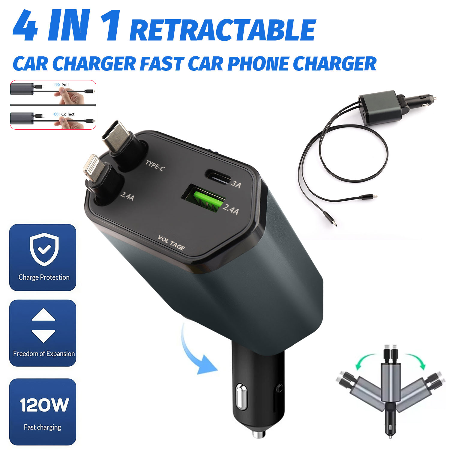 4 in 1 120W Fast Car Phone Charger Retractable Type-c Car Charger USB Car Charger for iPhone Android Galaxy Pixel TCL - 34